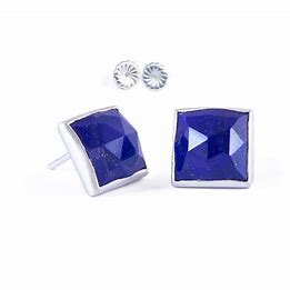 Lady's 925 Silver Stud Earrings With One Square Cushion Cut Faceted Lapis per earring