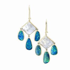 NINA WYNN Aztec Lady's Yellow 14 Karat Satin Chandelier Earrings With 3= Various Shapes Opals And One Square Cushion Moonstone