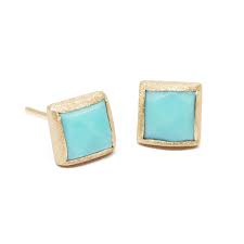 Lady's Yellow Satin 18 Karat Stud Earrings With Square Cut Turquoise