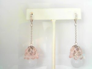 Lady's White 18 Karat Long Cable Chain Dangle With Nat Dia 0.15ctw Accents Milky Rose Quartz Briolettes, Faceted Milky Blue Chalcedony Balls Earrings