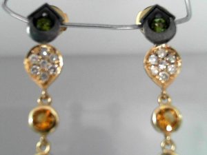 Green Goddess earrings - 14ky/24k inlay/Oxidized sterling silver, Faceted Ocean jasper (2)0 15x15mm, Green Tourmaline (4) 3mm, Citrine 3.7mm, diamonds (.25ctw)
