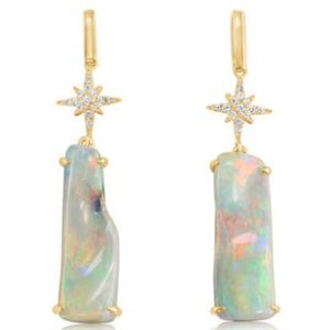 Lady's Yellow 14 Karat Drop Earrings With 2=12.22Tw Various Shapes Austrailianl Opals And 0.16Tw Round Natural Diamonds  H Si2 Diamonds