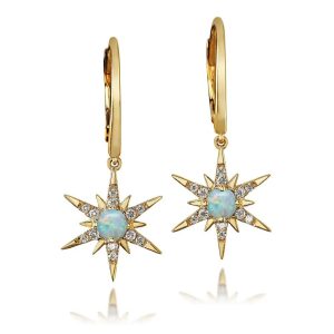 Lady's Yellow 14 Karat Drop Earrings With 0.14Tw Round Opals And 0.10Tw Round Diamonds