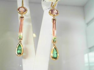 Lady's Yellow 14 Karat Drop Earrings With Various Shapes Garnets And 6.25Tw Various Shapes Tourmalines