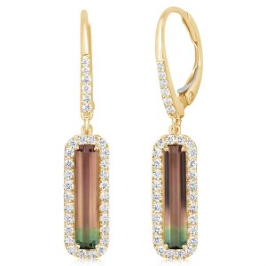 Lady's Yellow 14 Karat Drop Earrings With 2 = 1.60Tw Retangular Cushion Tourmalines And 64 = 0.44Tw Round H Si2 Diamonds
Type: Earrings
Metal Type: 14K Yellow Gold
Gemstone:
Freeform Parti Color Tourmaline from Brazil (Weight Varies) - H2OC250 - Enhancement: None (Natural)
Total Gem Weight: 1.60 tcw
Diamonds:
Stone Count: 64
Total weight: 0.434 ct
Grade: H-I SI2