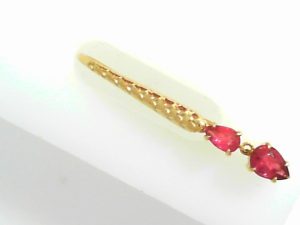 COUTIRE MERMAID Yellow 18 Karat  Drop Earrings with 2 Pear Brilliant shaped RUBELITE Tourmaline set in custom baskets with Claw tip Prongs
 2 = Pear Slightly Purplish Red  Tourmalines
Made in Barcelona, Spain