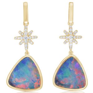 PARLE Lady's Yellow 14 Karat Drop Earrings With 2 = Various Shapes Boulderr Opal Doublet Opals And = 0.29Tw Round E/F Vs2 Diamonds
Type: Earrings
Metal Type: 14K Yellow Gold
Main Gemstone: Opal Doublet
Total Gem Weight: Varies
Diamonds:
Stone Count:42
Total weight: 0.292 ct
Grade: H-I SI2