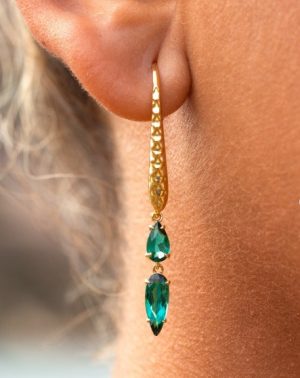 COUTURE "MERMAID" Medium 18kt Yellow Gold Double Drop Pear Bluish-Green Tourmaline set in custom basket settings with Claw tip prongs suspended from 
MERMAID design Shepards Hooks