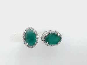 Lady's White 14 Karat Stud Earrings With 2 = Oval Emeralds