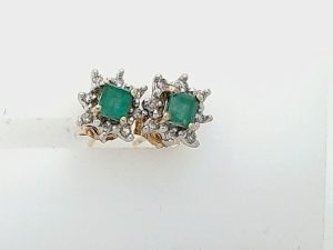 Lady's Yellow 14 Karat Stud Earrings With 2 = Princess Emeralds