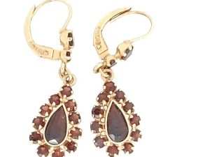 Lady's Yellow 14 Karat Drop Earrings With 28 = Various Shapes Garnets