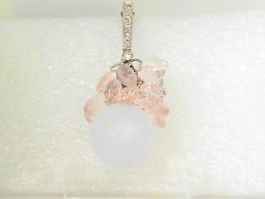ELKE BEHAR Lady's White 18 Karat Drop Pendants---Milky Rose Quartz Briolettes, 0.15CTW accent diamonds, Milky Blue Chalcedony Faceted Sphere