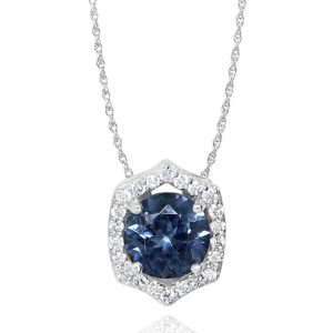 PARLE Lady's White 14 Karat Montana Sapp Halo Necklace With One Oval Sapphire
Type: Pendant
Metal Type: 14K White Gold
Gemstone:
Round Montana Sapphire from Montana, USA (1.08ct) - Enhancement: Heated
Diamonds:
Stone Count: 24
Total weight: 0.12ct Grade: G-H SI1