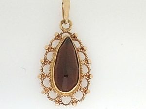 Lady's Yellow 14 Karat Drop Pendants With One = Pear Garnet