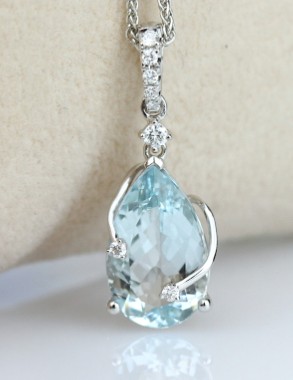 Lady's White 14 Karat Aqua Pear Drop Pendant
 one = Pear Blue Strong Aqua
8 = 0.09tw Round G/H SI1 Diamonds 
Metal: 14 Karat
Color: White
Finish: Polished