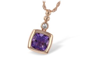 Lady's Rose 14 Karat Necklace Length 18 inches with  one 1.20ct Square Cushion Amethyst
one 0.04ct Round H SI2 Diamond