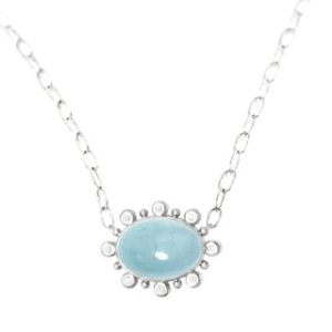 NINA WYNN ATHENA White Sterling SilverOval 14X10mm Necklace With One 6.00Ct Cabochon Blue Aqua And 0.08Tw Round G/H Si1 Diamonds Chain: Cable Link
Metal: Sterling Silver
Color: White
Length: 1617
Clasp: Hammered Dogbone
Metaphysical Properties: A stone of courage and protection, it’s said to calm fears and phobias, while acting as a conduit for self-expression.
Natural Aquamarine: As the blue-green, highly prized variety of the mineral beryl, aquamarine takes its name from the Latin for "waters of the sea.”