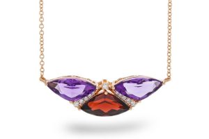 Lady's Rose 14 Karat 3 Stone Necklace With 2= Marquise Amethysts, One Marquise Garnet And 0.09 Twt Other Stones Chain: Cable Link
Metal: 14 Karat
Color: Rose
Length: 18