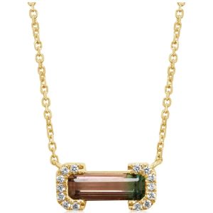 Lady's Yellow 14 Karat Watermelon Bezel Necklace With One 0.81Ct Baguette Tourmaline And 14=0.08Tw Round H Si2 Diamonds Chain: paerclip
Metal: 14 Karat
Color: Yellow
Length: 18