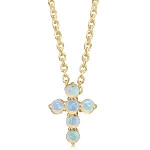 Lady's Yellow 14 Karat Opals Cross Necklace With 0.14Tw Round Opals Chain: Cable Link
Metal: 14 Karat
Color: Yellow
Length: 18