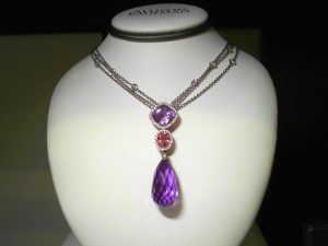 Lady's White 14 Karat Classic Necklace With Various Shapes Amethysts, Round Diamonds And  Other Stones Chain: Cable Link
Metal: 14 Karat
Color: White
Length: 18