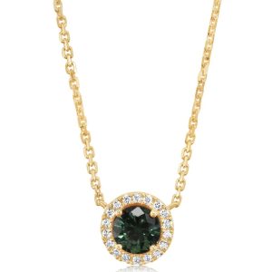 Lady's Yellow 14 Karat Halo Necklace With One 0.79Ct Round Bluish Green Sapphire And 18=0.07Tw Round Diamonds Chain: Cable Link
Metal: 14 Karat
Color: Yellow
Length: 18
Type: Neckpiece
Metal Type: 14K Yellow Gold
Gemstone:
5.25 mm Round Montana Sapphire from Montana, USA (0.79 ct) - 525MS - Enhancement: Heated
Total Gem Weight: 0.79 tcw
Diamonds:
Stone Count: 18
Total weight: 0.07 ct
Grade: G-H SI1