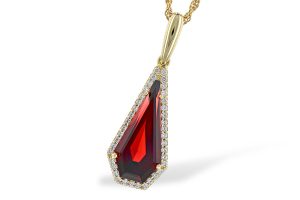 Lady's Yellow 14 Karat Garnet Art Deco Kite Halo Pendant Necklace one 4.00ct Fantasy Cut Red Garnet
0.17tw Retangular Cushion G SI1 Diamonds Chain: Rope
Metal: 14 Karat
Color: Yellow
Length: 18
MMwidth: 1.5
Clasp: Lobster