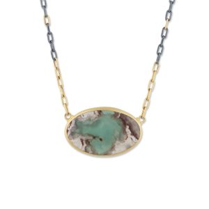 LIKA BEHAR MY WORLD NECKLACE
22KL Gld "My World" One of a Kind Oval Aquaprase - 22x41mm approx 51.39ct - attached  with  Two Tone 22k & .925 oxy 16, 17, 18 cable clip  chain