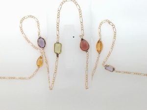 Lady's Yellow 14 Karat Gemstone Necklace With 3 = Various Shapes Citrines, 2 = Various Shapes Amethysts And  Other Stones
