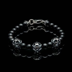 Bold, dramatic, and elegant, the Nightfall features three sterling silver welded cages with our gunmetal finish, complimented by polished black obsidian beads. Built on aircraft grade stainless cable, with welded sterling end caps and clasp. From our Oregon studio to your wrist, this bracelet brings a healthy dose of ‘oh yeah’ to any ensemble, solo or stacked.
Product SKU: BB40 OBS