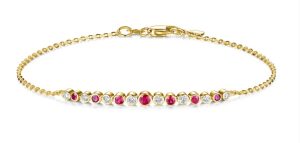 Lady's White 14 Karat Adjustable Bracelet Length 7 8 = 0.23tw Round G/H SI1 Diamonds
7 = 0.30tw Round Red Rubys
**color in picture may differ