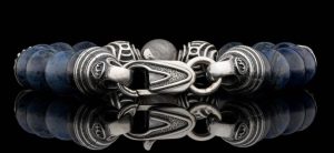 Sterling Silver Celestial Bead With Sterling Silver Accents
 Bracelet Length 8.5 in 
STONES: Meteorite, blue dumortierite
10MM

 featuring 10mm beads in ceramic coated Gibeon meteorite, sculptural patinated sterling silver, and polished blue dumortierite