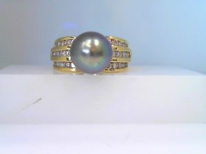 Lady's Yellow 14 Karat Contemporary Ring Size 7 With One Round Pearl And 0.60Tw Rose Cut Diamonds