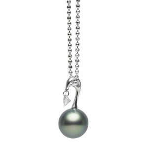 8-8.5mm Tahitian Cultured Pearl
.10 cttw Diamond (GH/SI Quality)  "Floating Diamond"
18 Karat  Yellow Gold 
Adjustable Chain Length: 15"-18"