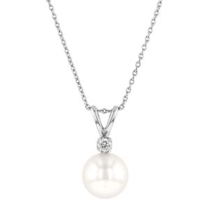 White 14 Karat  Length 16-18 one 8.00mm Cultured Pearl
one 0.02ct Round Diamond set in the bail