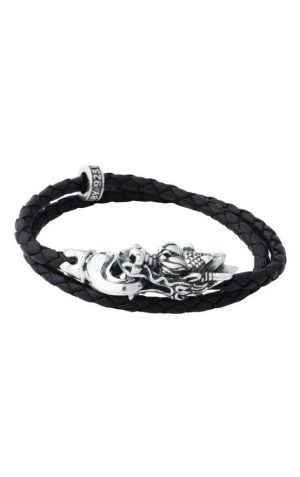 Black And Silver Leather & Silver Small Dragon Bite Bracelet