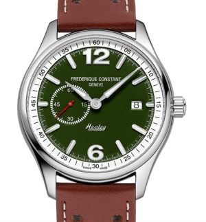 Frederique Constant Vintage Rally Healey Automatic watch. Model FC-345HGRS5B6. Limited Edition of 888 pieces. Swiss automatic movement. Stainless steel case. Green dial with white ring, date, small seconds sub-dial and luminous hands and indexes. Brown leather band. 663/888

Country : Switzerland
Brand : FREDERIQUE CONSTANT
Collection : VINTAGE RALLY
Model : FC345HGRS5B6
Style : VINTAGE RALLY HEALEY GREEN
Movement:Swiss made Mechanical Automatic (Powered by wrist motion). 31 jewels. Frederique Constant Cal. FC-345.
Functions:Date calendar, window display. Small Seconds platform.
Case:	Solid Stainless steel.
Crystal:	Sapphire.
Dial:	Green color. Applied polished steel tone markers. Luminous hour markers/dots. White ring.
Hands:	Steel color. Luminous filled.
Case Back:	Screw-down style ( threaded ). Engraved with Healey NOJ 393 vintage car.
Band:	Brown color. Genuine leather.
Water Resistance:	50m/165ft /5atm.
Case Size:	40.00mm. 11.00mm.
Other:	Limited Edition series. Worldwide quantity produced of only:. 888 pieces. 663/888