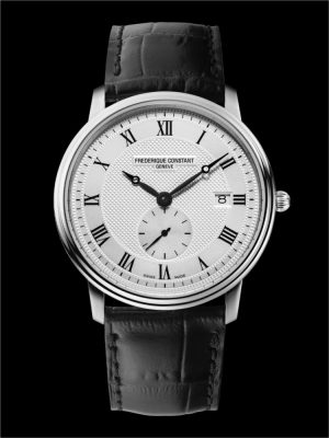 SLIMLINE GENTS SMALL SECONDS
FC-245M5S6
$995 USD 
 
AUTOMATIC MEN'S WATCH
MOVEMENT:
FC-245 QUARTZ MOVEMENT. 10 JEWELS, 25 MONTHS BATTERY LIFE, WITH HOURS, MINUTES, DATE, SMALL SECONDS.

CASE:
STAINLESS STEEL CASE, DIAMETER OF 39MM WITH SAPPHIRE CRYSTAL, HEIGHT 5.0MM. WATER-RESISTANT TO 3 ATM.

DIAL:
SILVER DIAL, GUILLOCHÉ DECORATION, BLACK PRINTED ROMAN NUMERALS.HAND-POLISHED BLACK HANDS. DATE COUNTER AT 6 O'CLOCK.

STRAP:
BLACK CALF LEATHER STRAP.