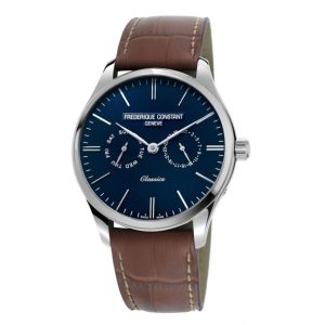 The beautiful Frederique Constant FC-259NT5B6 watch features a stainless steel 40mm case, with a fixed bezel, and a blue dial covered by a convex sapphire crystal. The stylish wristwatch is equipped with an exclusive leather which combines comfort and sturdiness. This horological trendy device has date, day, hour, minute, second functions.

At the heart of this timepiece is Frederique Constant Calibre FC-259. The Quartz movement keeps the hands revolving smoothly and accurately for precise, reliable timekeeping. It picks up all the advantages of this high-performance ‘engine’.

This magnificent watch has a water resistance of up to 165 feet/50 meters, suitable for short periods of recreational swimming, but not diving or snorkeling. This elegant Swiss-made masterpiece is sure to complete any man's collection.
