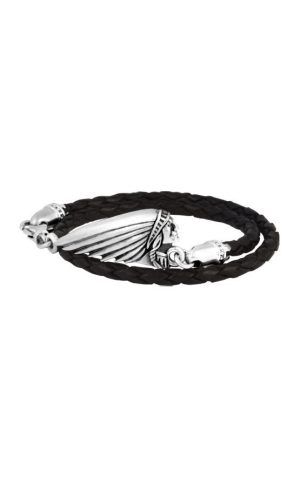 Black & Silver Leather & Silver Indian Headdress Bracelet Length 8.75