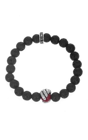 Silver Bracelets Style=K40-6706
8mm LAVA ROCK w/ SCROLL Charm and RED CORAL Bead
Metal=Sterling Silver Color=Black
