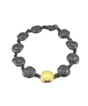 GOLD & SMOKE Oxi Sterling Silver  Bullet Link Bracelet Length 7.5 With 18K Gold Link
and Lobster Clasp