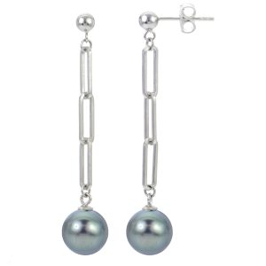 Sterling Silver Tahitian Pearl Paperclip Chain Earrings