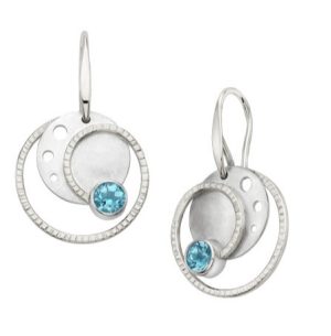 Lady's White Sterling Silver Drop Earrings With 2= Round Blue Topazs