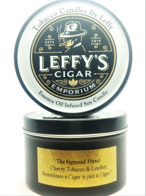 The Sigmund Freud Cherry Tobacco & Leather "Sometimes a Cigar is just a Cigar" Vintage 7 oz  Black Tobacco Tin
Hand Poured in Colorado. Infused Organic Soy Candle.