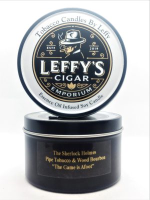 The Sherlock Holmes Pipe Tobacco & Bourbon Wood "The Game is Afoot" in 7 oz Vintage Black Tobacco Tin
Hand Poured in Colorado. Infused Organic Soy Candle.