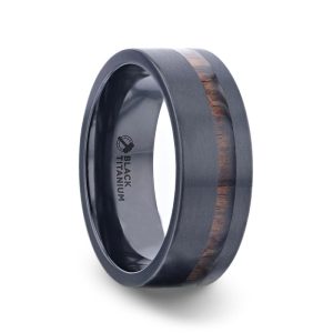 DARING Off-Set Koa Wood Inlaid Black Titanium Men's Wedding Band With Flat Polished Finish - 8mm Size 10.5