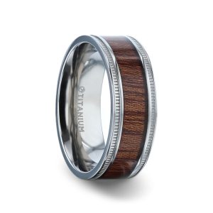 MOCHA Koa Wood Inlaid Titanium Men's Wedding Ring With Polished Milgrain Edges - 8mmm Size 10