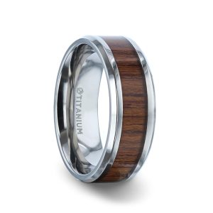 TECTON Teak Wood Inlaid Flat Polished Finish Titanium Men's Wedding Ring With Beveled Edges - 8mm Size 10