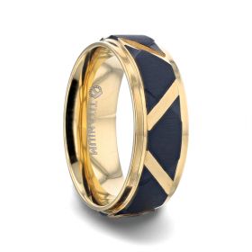FLEMING Yellow Gold Plated Flat Polished Step Edged Titanium Men's Wedding Band With Matte Black Raised Horizontal Etches and Gold-Plated Diagonal-Shape Cut Inlay - 8mm
size 10.5